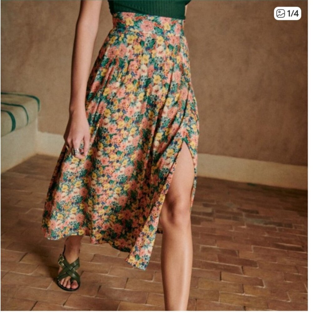 Sézane Alicia Skirt -Jardin Pastel Floral Print FR 46 /US 14 High Waist